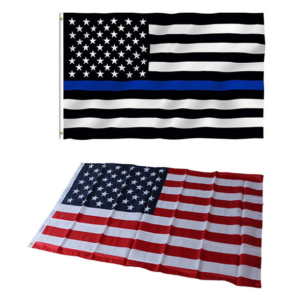 50PCS Police USA Flag Blue Line Thin Polyester 3x5ft 90x150cm American Stars Stripes Flags Memorial Law Enforcement Grommets Wholesale