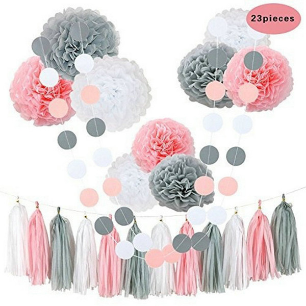 Pink Gray White Happy Birthday Baby Shower Party Decor Wedding Hanging Decorations Kit with Paper Tissue Flowers Tassel Banner Dots Garlands