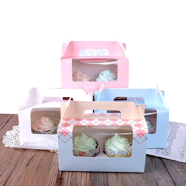 Portable 2 Cupcake Box with Clear Window Handle Paper Gift Box Pastry Packaging Box