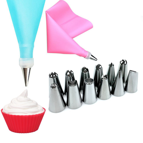 Free Shipping 14PC/Set Silicone Icing Piping Cream Pastry Bag +12 Stainless Steel Nozzle Set DIY Cake Decorating Tools