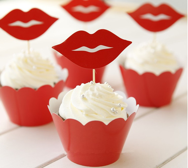 Free Shipping Red lips Cupcake Wrapper Decorating Boxes Cake Cup With Toppers Picks For bay shower Birthday Christmas Decorations Supplies