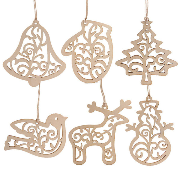 Laser Cut Wooden Christmas Ornaments Hollow out Wood Birds Tree Bell Reindeer Hanging Ornament Christmas Tree Decoration Set of 6