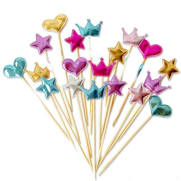 5 pcs/lot lovely heart star crown cake topper for birthday cupcake flag baby shower party wedding decoration supplies