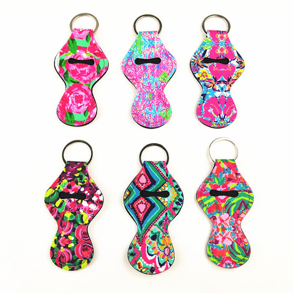 Neoprene Chapstick Holder Keychains Floral Pattern Holder Carrier Case Lipstick Sleeve Holder Essential Oil Roller Bottle Cover Lady Gifts