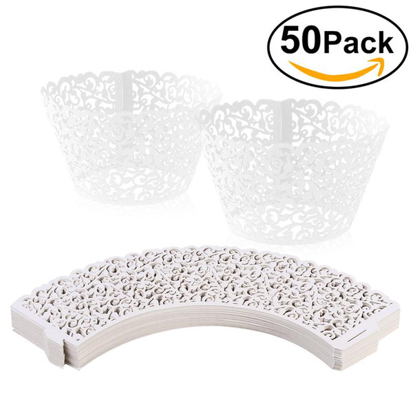 50pcs Laser Cut Cupcake Wrappers Decor Wedding Birthday Party Baby Shower Wrap (White)