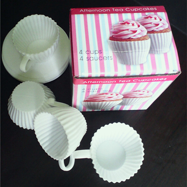 Creative Silicone Cupcake Moulds Afternoon Tea Cupcakes Mold Cake Muffin Cups 4 Cup 4 Saucers Top Quality For Home Baking 6 5ww