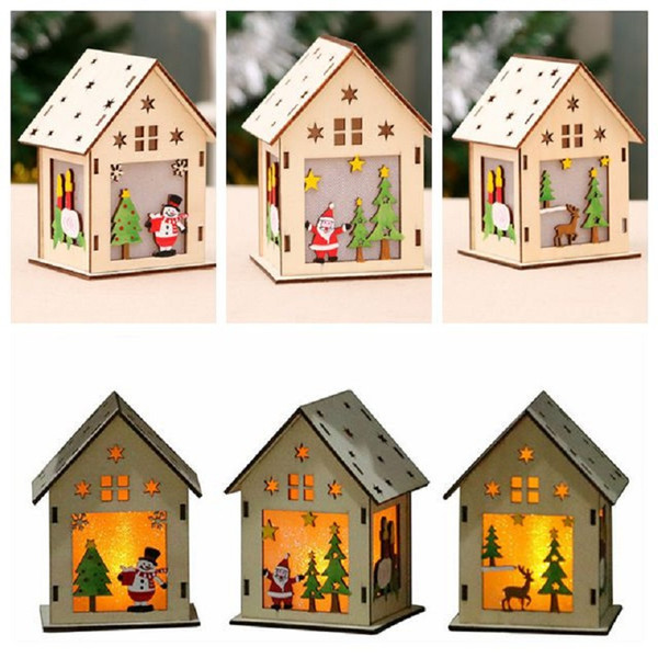 led light wood house christmas tree hanging ornament Christmas Decorations Hanging Pendant Cottage chalet Xmas Party Hanging Decor Gift