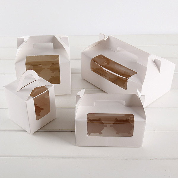 White Card Paper Cupcake Boxes Cake Packaging Boxes with Handle Clear Whindow Muffin Box