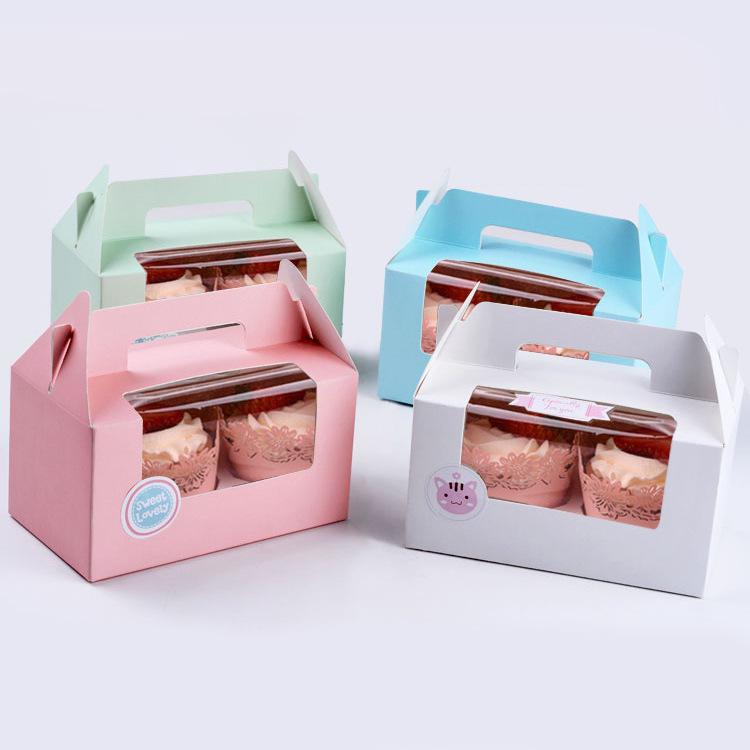 50 pcs of 4 colors Muffin Cake Box With Handle&Clear Window Contain 2 Cupcakes Cup Cake Packing