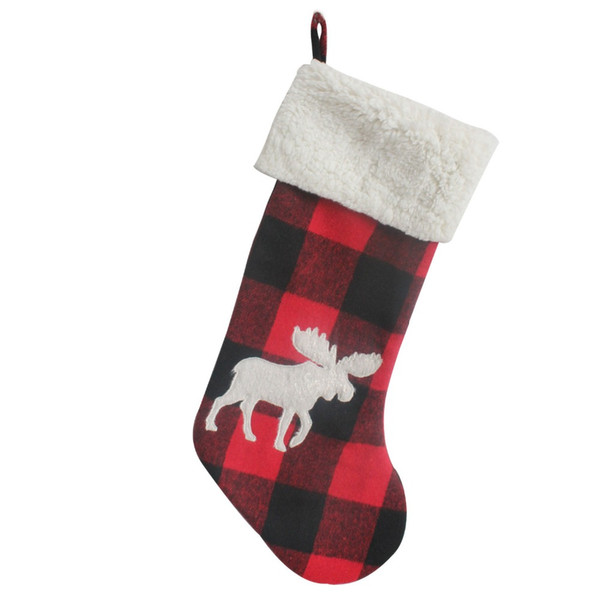 2 pieces / lot Stocking decoration Buffalo Check With 3D Applique Short Plush Cute Moose Christmas Stocking Christmas Socks