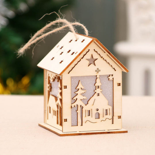 Christmas tree wood house decorative pendant mini house model assembly kit individual packing hollow pattern traditional style color light