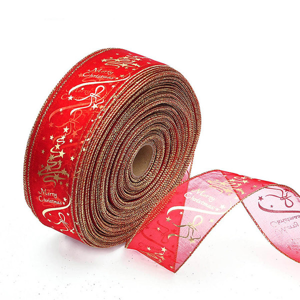 Wholesale Christmas Tree Ribbon Decorations Red Gold Ribbon Decorations Merry Christmas Party Decorations 6.3*200CM Free Shipping