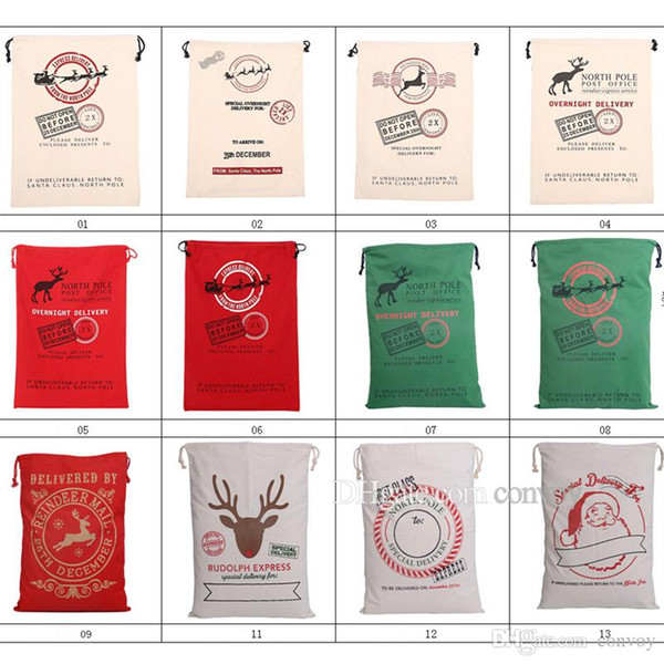 New 12 Types Christmas Large Canvas Monogrammable Santa Claus Drawstring Bag Xmas Reindeer Monogramable Gifts Sack Bags Free Dhl Ship CFB14