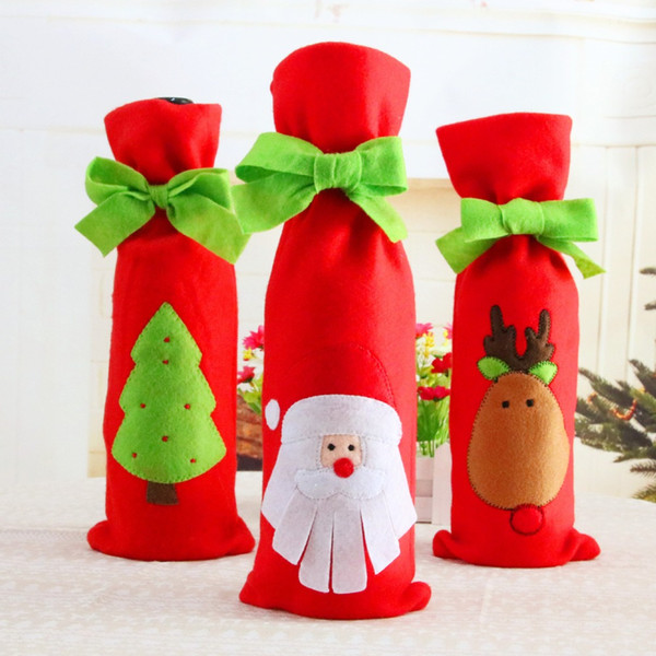 Christmas Decor Red Wine Bottle Sleeve Wiith Green Bow Tie Embroidered Pattern Gift Bag Santa Claus 6 pcs/lot Party Ornament Xmas