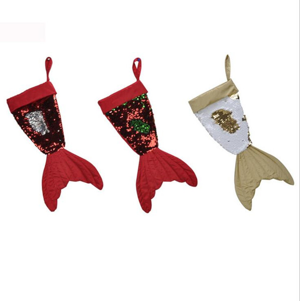 New Style Christams Decorations Mermaid Christams Stocking Gift Wrap Bags Bling Bling Bead Flip Tail Socks Xmas Home Decor 3 Colors 16inch