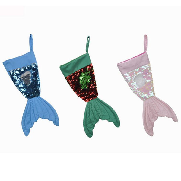 Christams Decorations Mermaid Christams Stocking Gift Wrap Bags Sequin Flip Tail Socks Xmas Home Decor 3 Colors 16inch