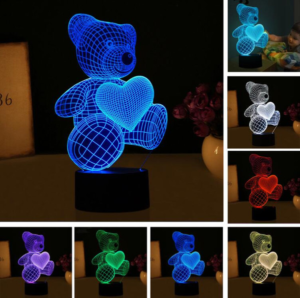 New Cartoon Love Heart Bear Shape Table lamp USB LED 7 Colors Changing Battery Desk Lamp 3D Lamp Novelty Night Light Kid Christmas Gift Toys