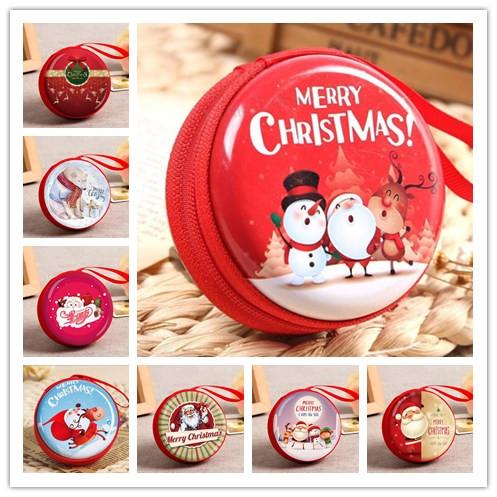 22 Design Round Christmas Change Purse Tinplate Mini Key Holder Coin Purse Wallet Bag Headphone Christmas Gift Decoration Xams Tree Ornament