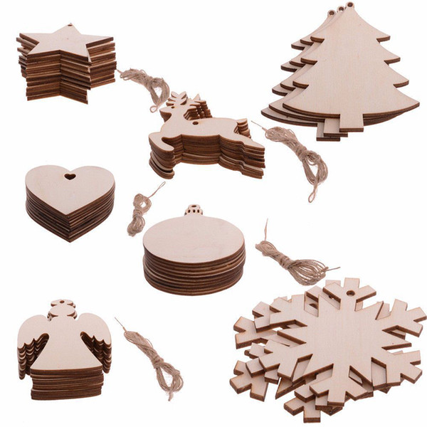 10pcs Wooden Round Baubles Tags Christmas Balls Snowflake Bat Xmas Tree Socks Snowman Shape Decorations Art Craft Ornaments DIY Xmas Decors