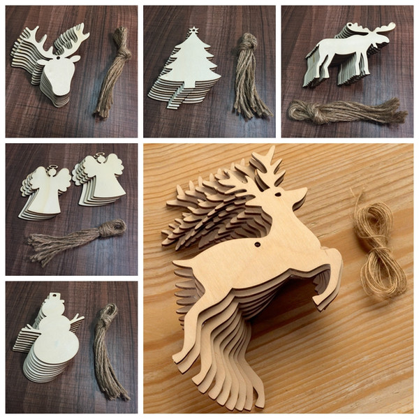 10 pcs/Lot Christmas Tree Ornaments Wood Chip Snowman Tree Deer Socks Hanging Pendant Christmas Decoration Xmas Gift Crafts GGA1152