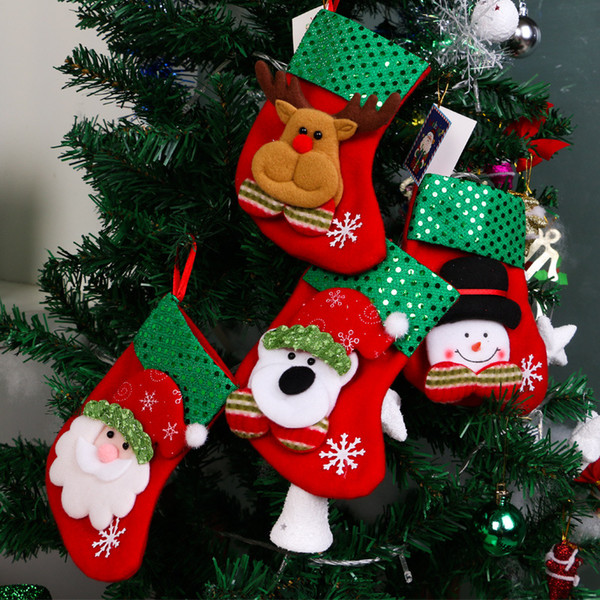 DHL Christmas Stocking Sequin Socks Gifts Sacks Candy Bags Cartoon Stockings Christmas Tree Decor Santa Claus Snowman Deer Bear Hot Sale