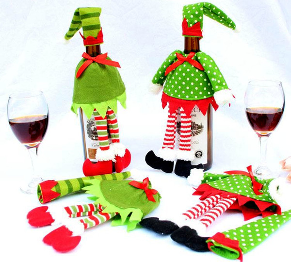 Hot Sale 2PCS Xmas Christmas Elf Red Wine Bottle Sets Cover with Christmas Hat & Clothes for Christmas Dinner Decoration Home Halloween Gift