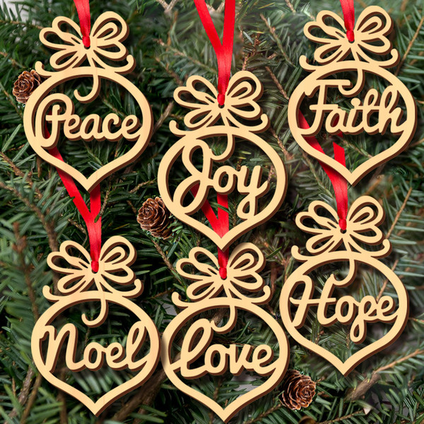 Christmas letter wood Heart Bubble pattern Ornament Christmas Tree Decorations Home Festival Ornaments Hanging Gift, 6 pc per bag