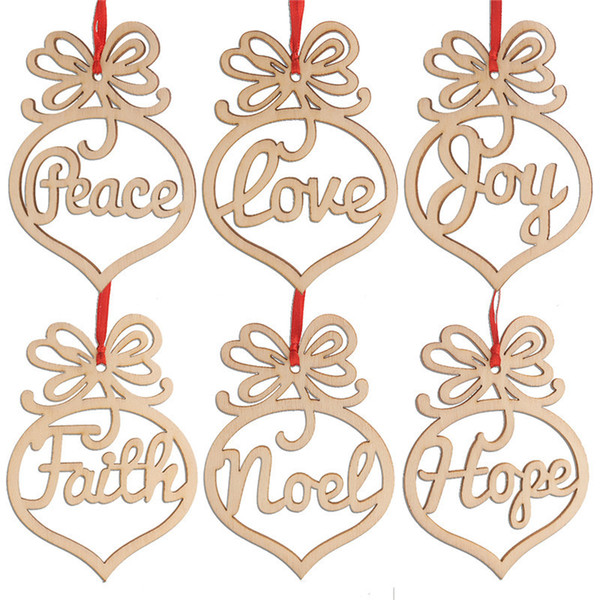 6PCS Wooden Christmas Ornaments Personalized Laser Cut Peace LOVE HOPE Joy Wood Christmas Tree Hanging Rustic Wedding Party Decorations