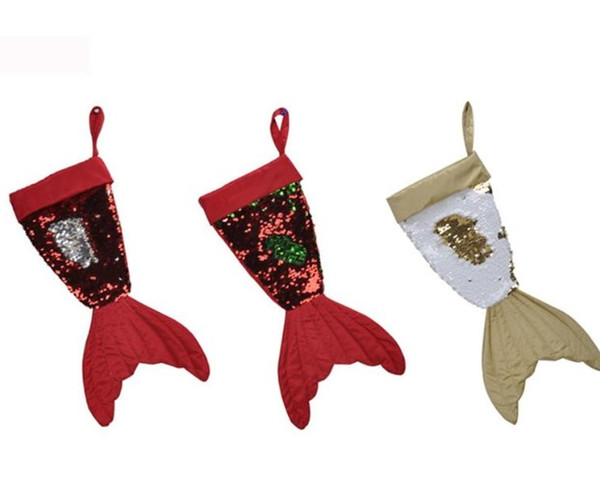 2018 Christams Decorations Mermaid Christams Stocking Gift Wrap Bags Bling Bling Bead Flip Tail Socks Xmas Home Decor 3 Colors 16inch