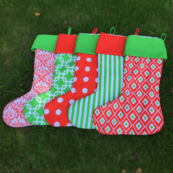 Wholesale Blanks Xmas Stocking Santa Gift Bag Stripe Polka Dots Diamond Print Christmas Stocking with Red and Green Top DOM389