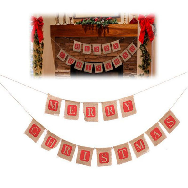 DIY Christmas Flags Merry Christmas Bunting Sign Vintage Jute Garland Celebration Banner Handmade Hessian Rustic Burlap Bunting flags Xmas