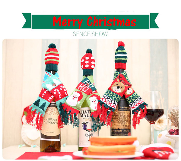 Hot sale Christmas necktie decorations Christmas knitted scarves hat sets Christmas wine bottle of knitting decorations