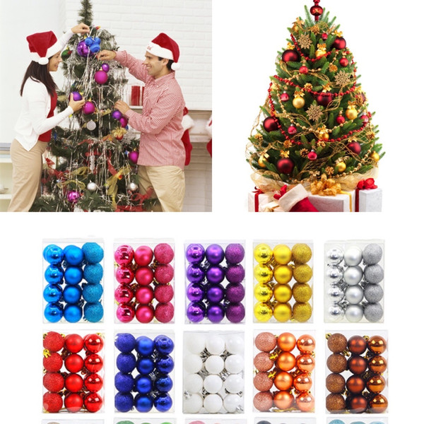 60MM(2.36'') Christmas Ball 24 PCS/Lot Bright Matte Glitter Plastic Christmas Ball Round Christmas Ball Ornament 15 Colors