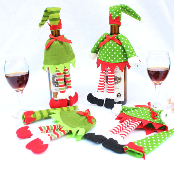 2PCS Christmas Elf Red Wine Bottle Sets Cover with Christmas Hat and Clothes for Christmas Dinner Decoration Home Halloween Gift