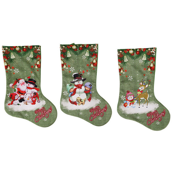 47*22cm Christmas Stockings Gift Bag Santa Claus Elk Snowman printed Green Color Socks Xmas Tree Hanging Ornaments Decoration Gift Bag New