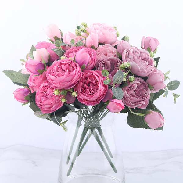 30cm Rose Pink Silk Peony Artificial Bouquet 5 Big Head And 4 Bud Cheap Fake Flowers Home Wedding Decoration Indoor C19041701
