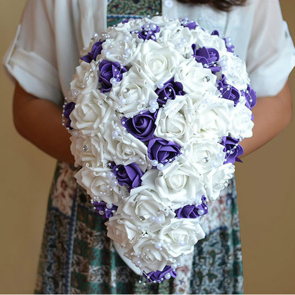 New wedding bouquet bridal waterfall bouquet silk rose bouquet purple Bride 's artificial flower wedding decor h-0030