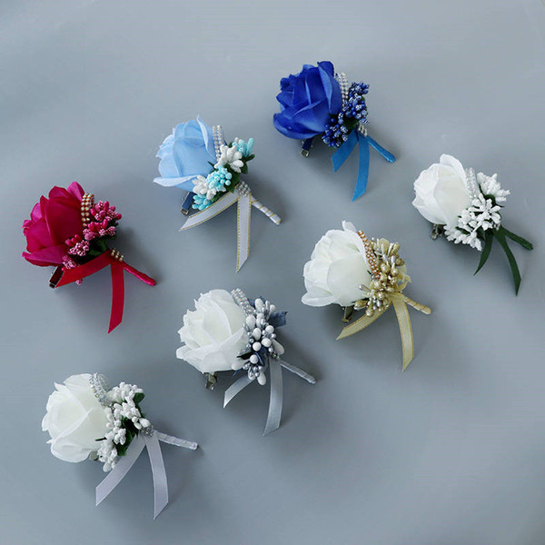 Handmade Corsages Groom Boutonniere Artificial Flower Buttonhole White Green Silk Rose Corsage Wedding Supplies Man Suit Brooch