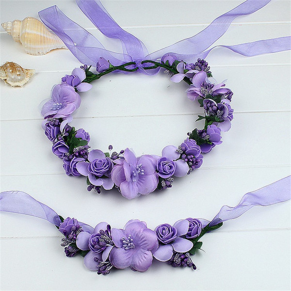 Purple Sets Flower Headband Handwrist Sets Garland with Lace Ribbon Floral Crown Hairband for Wedding Accessories Decor Female