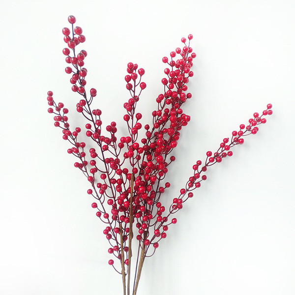 50pcs Artificial Berries Branch Plastic Fake Flowers Leaf Decorative Berry DIY Red Berries Plant for New Year Christmas Decoration