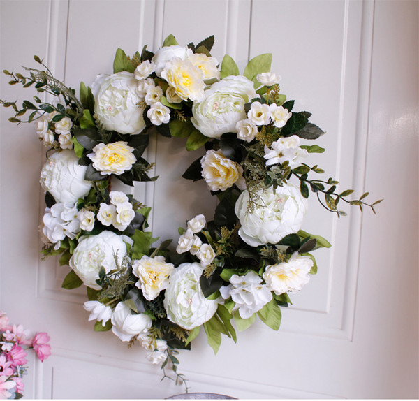 White Peony Wreath Christmas Wreath Door Wall Hanging Ornament Rattan Round Garland Decoration Artificial Flower Fake Flower