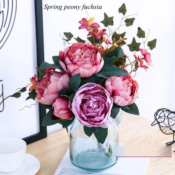 Hight Quality silk flower European flower Bouquet Artificial Flowers Fall Vivid Peony Fake Leaf Wedding Home Party Decoration