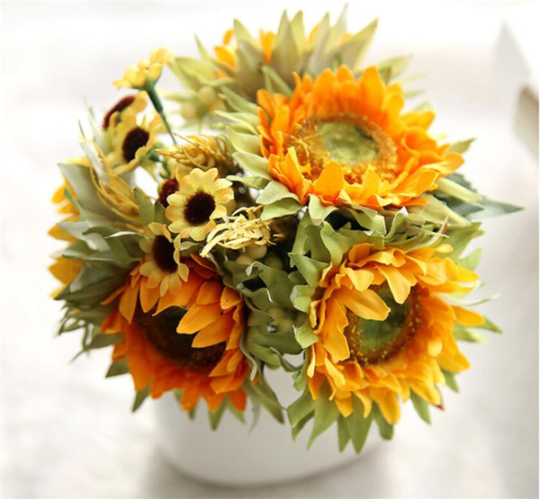 Autumn Decoration 5 Heads Yellow Sunflower Silk Artificial Flowers Bouquet For Home Decoration Office Party Garden Decor