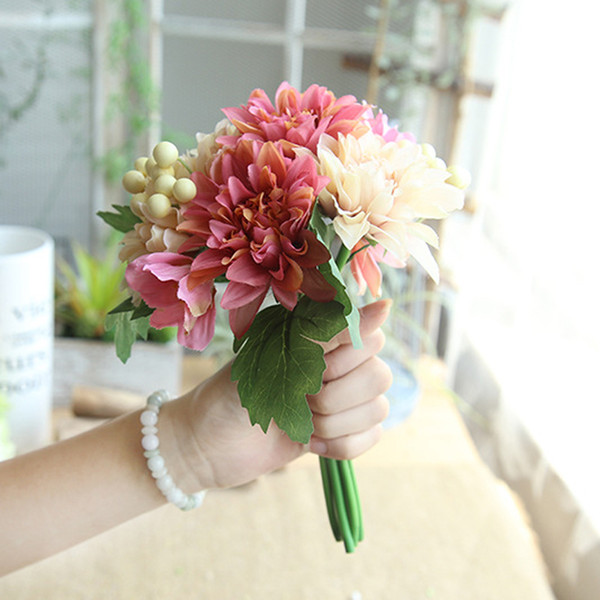 Artificial Dahlia Bouquet Berry Leaves Decoration Bride Wedding Holding Fake Flowers Valentine's Day Home New Year Gift