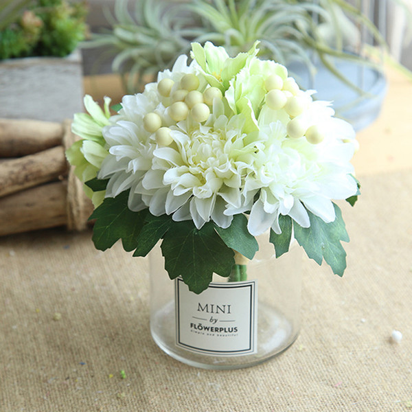 Artificial Flower Dahlia Berry Bouquet Silk Green Leaf Home Decoration Wedding Holding Flower Road Wall Fake Flowers