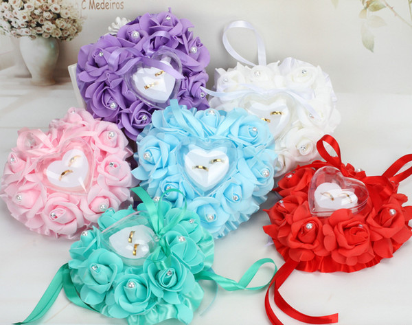 15*13*6cm Wedding Decorations Heart-shape Rose Flowers Valentine's Day Gift Ring Bearer Pillow Cushion Pincushion Ring Party Decoratio