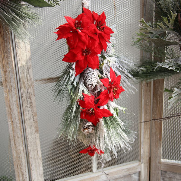 Christmas wreath ornaments decoration red color fake artificial flower simulation snow flower for Christmas daily necessities