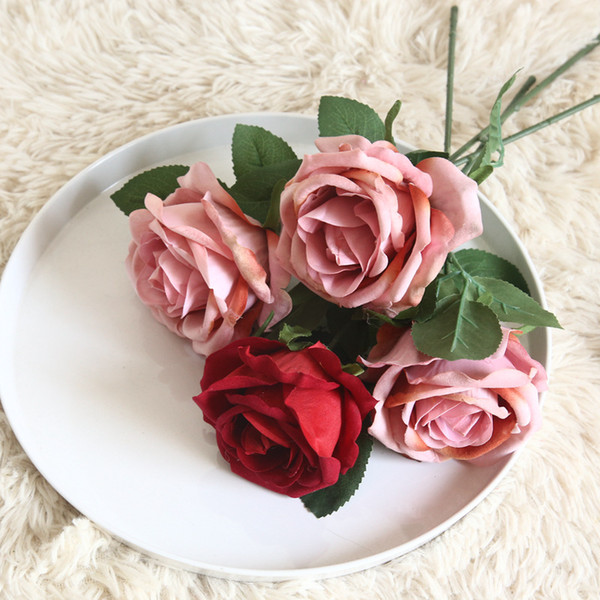 INS simulation velvet rose wedding arrangement hand holding rose bouquet artificial flower decorative plant flower wall fake wreath branch