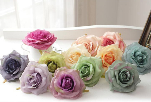 50pcs lot Luxury Oil Color Silk Rose Heads Artificial Satin Blue Rose Heads 4.2inch for outdoor flower wall wedding decoration