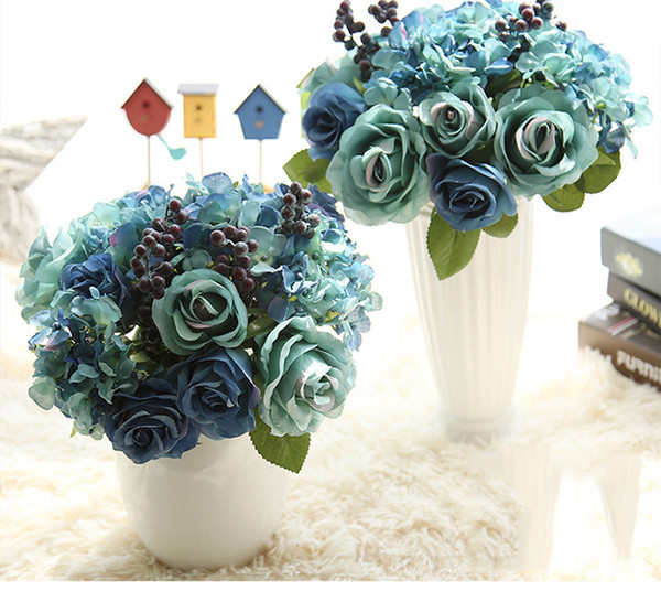 Wholesale free shipping artificial silk blue rose hydrangea bouquet hand tied bouquets for wedding home bedroom champer table decoration